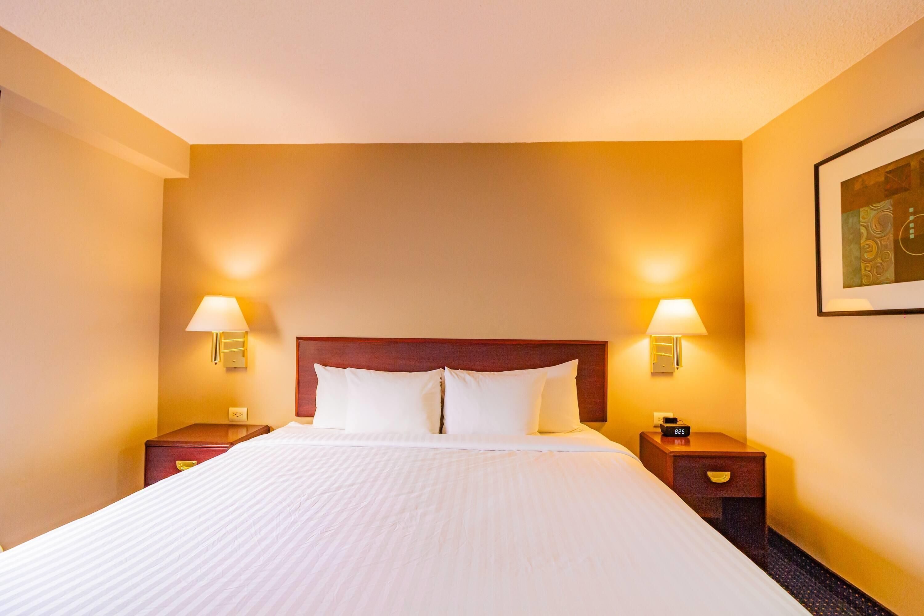 Una habitación de hotel con una cama grande, dos mesitas de noche y dos lámparas de pared.