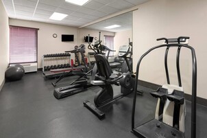 Un gimnasio con cintas de correr, elípticas y pesas libres.