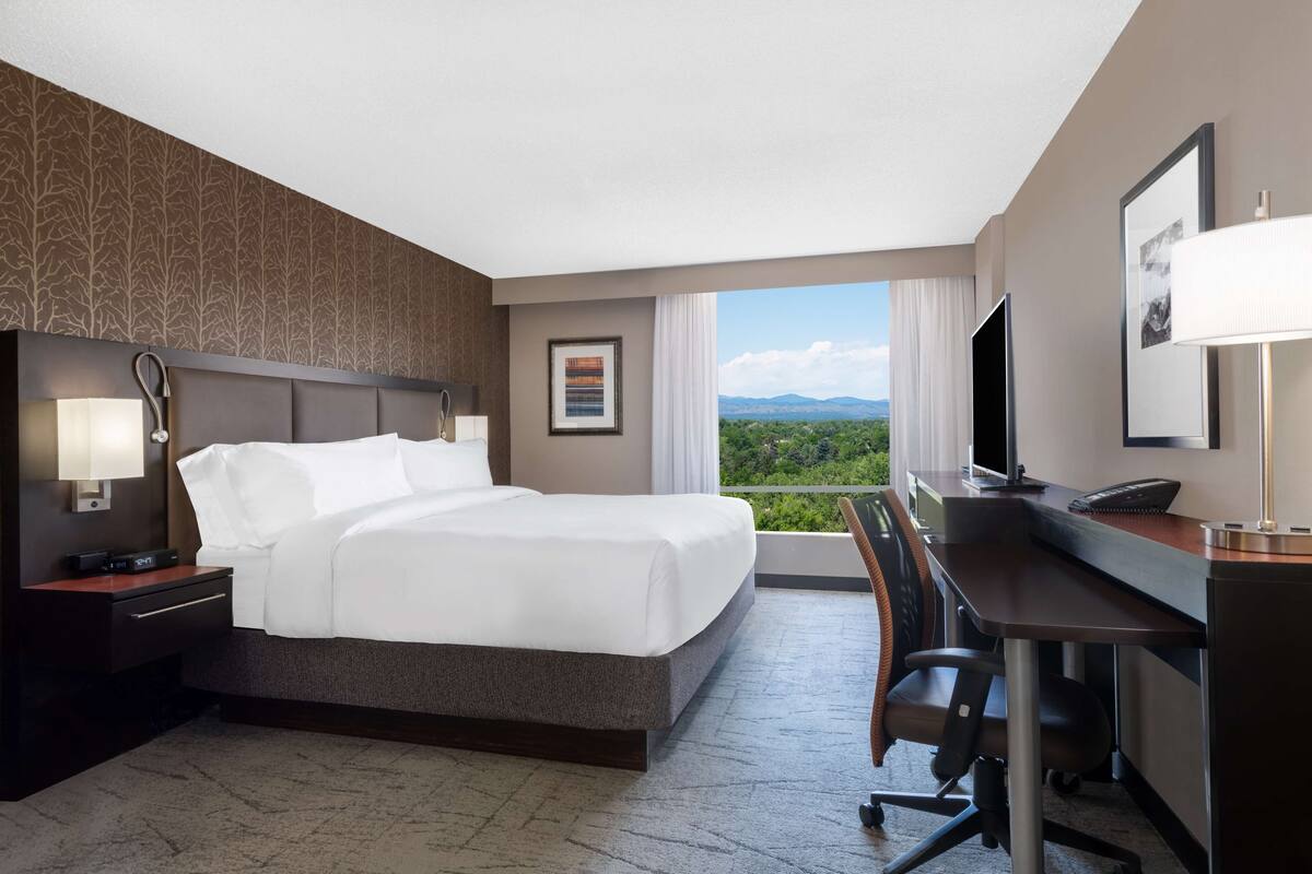 A hotel room with a large bed, a desk, a chair, a TV, and a view of the outdoors.