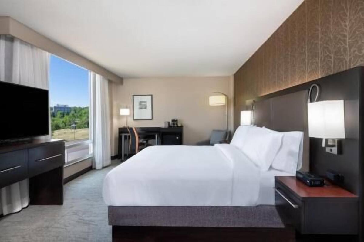 A hotel room with a bed, a desk, a television, and a view of the outdoors.