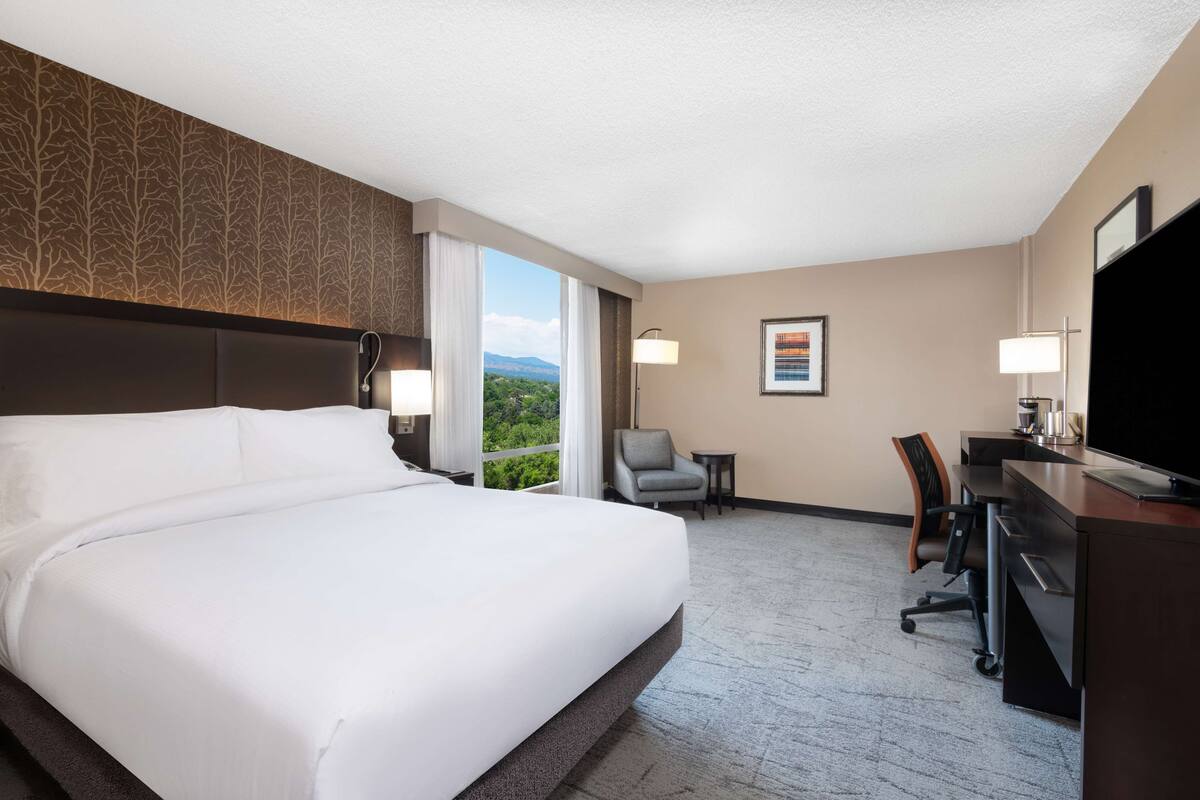 A hotel room with a large bed, a desk with a flat-screen TV, a chair, and a view of greenery through the window.
