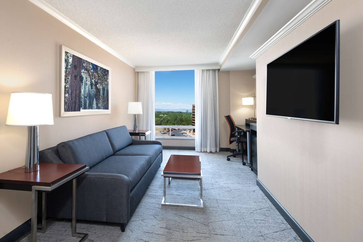 A hotel room with a sofa, a small table, a TV, and a window with a view of greenery and buildings.