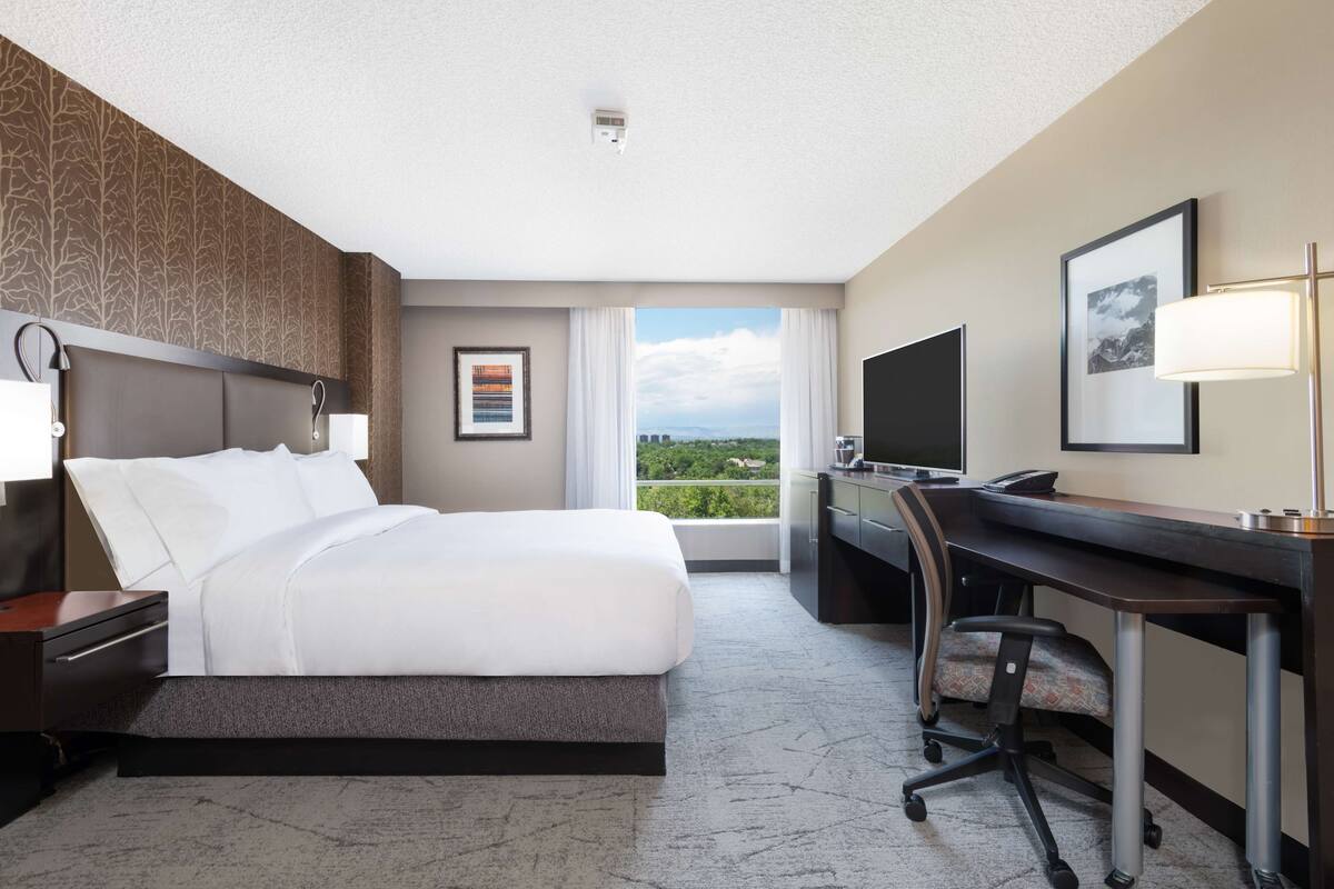 A hotel room with a bed, desk, chair, TV, and a view of the outdoors.