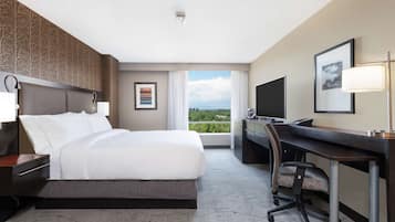 A hotel room with a bed, desk, chair, TV, and a view of the outdoors.