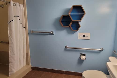 Shower, free toiletries, towels, soap