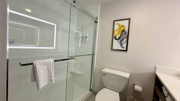 A modern bathroom with a glass shower enclosure, a toilet, and a sink with a countertop.