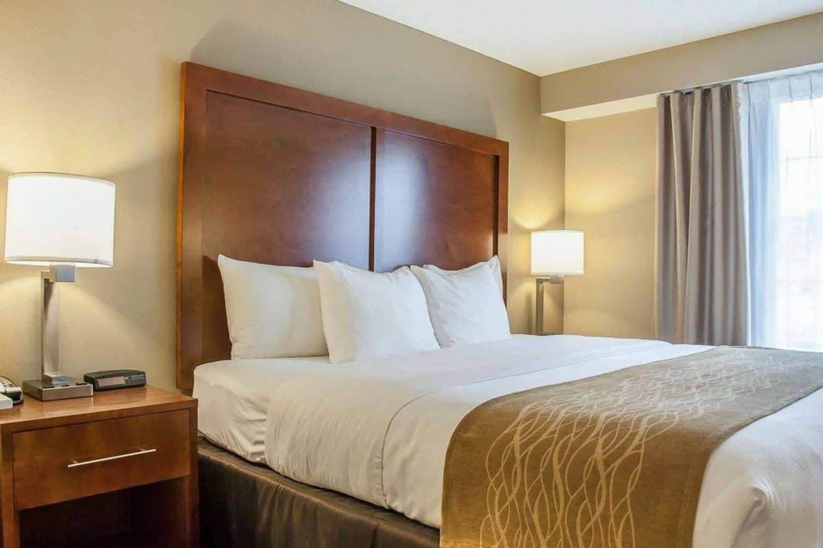 A hotel room with a large bed, two bedside tables, a nightstand, and a window with curtains.