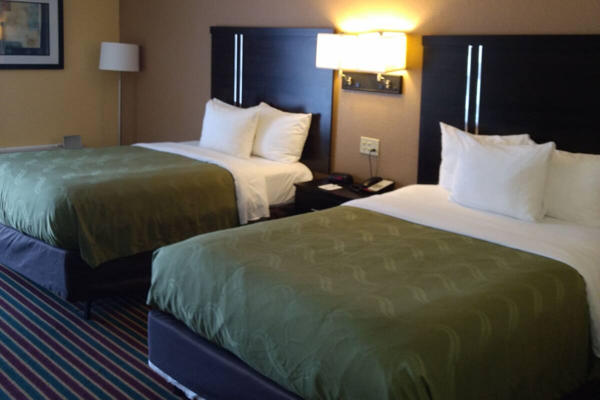 A hotel room with two beds, a nightstand, a lamp, and a painting on the wall.
