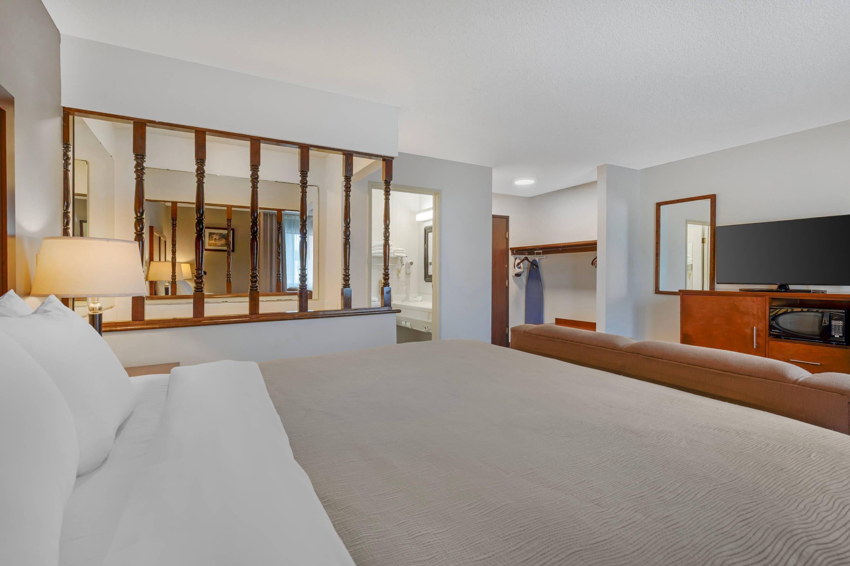 A hotel room with a large bed, a television, a wardrobe, and a mirror.