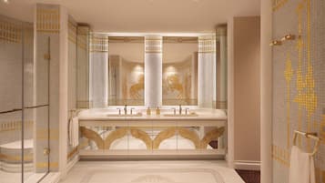 Presidential Suite, 1 King Bed, City View | Bathroom | Hair dryer, bathrobes, slippers, towels