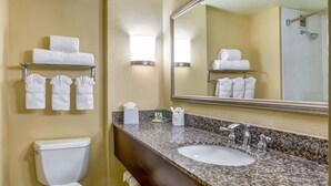 A bathroom with a toilet, sink, and towel racks. - Holiday Inn Indianapolis Carmel by IHG (Indianapolis)