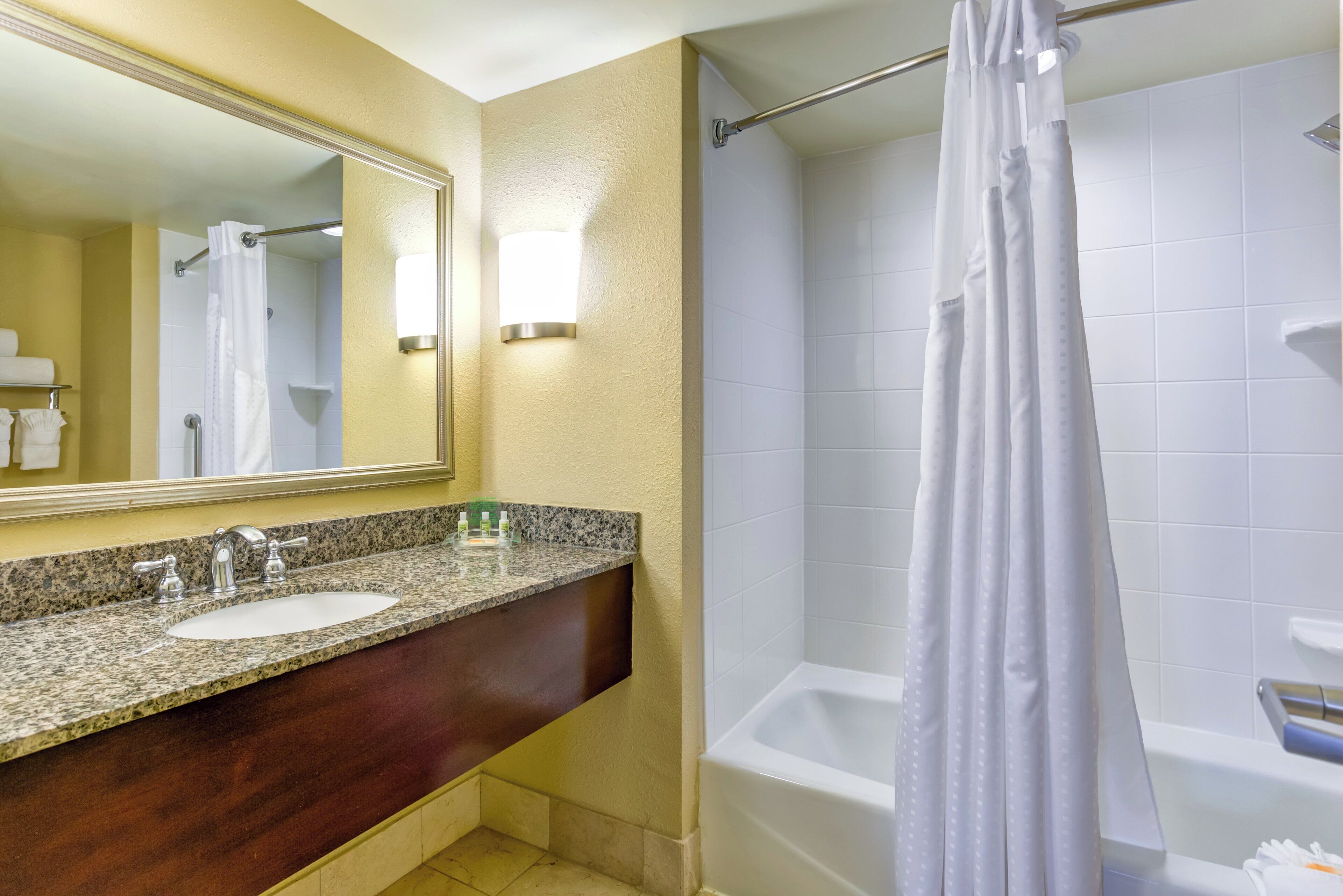 Une salle de bain avec un lavabo surmonté d’un plan de travail en granit, un miroir, une douche avec un rideau et une baignoire blanche.