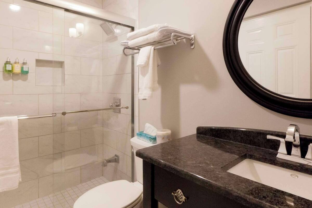 standard room, 1 king bed, non smoking (larger room) | bathroom | combined shower/bathtub, free toiletries, hair dryer, bathrobes