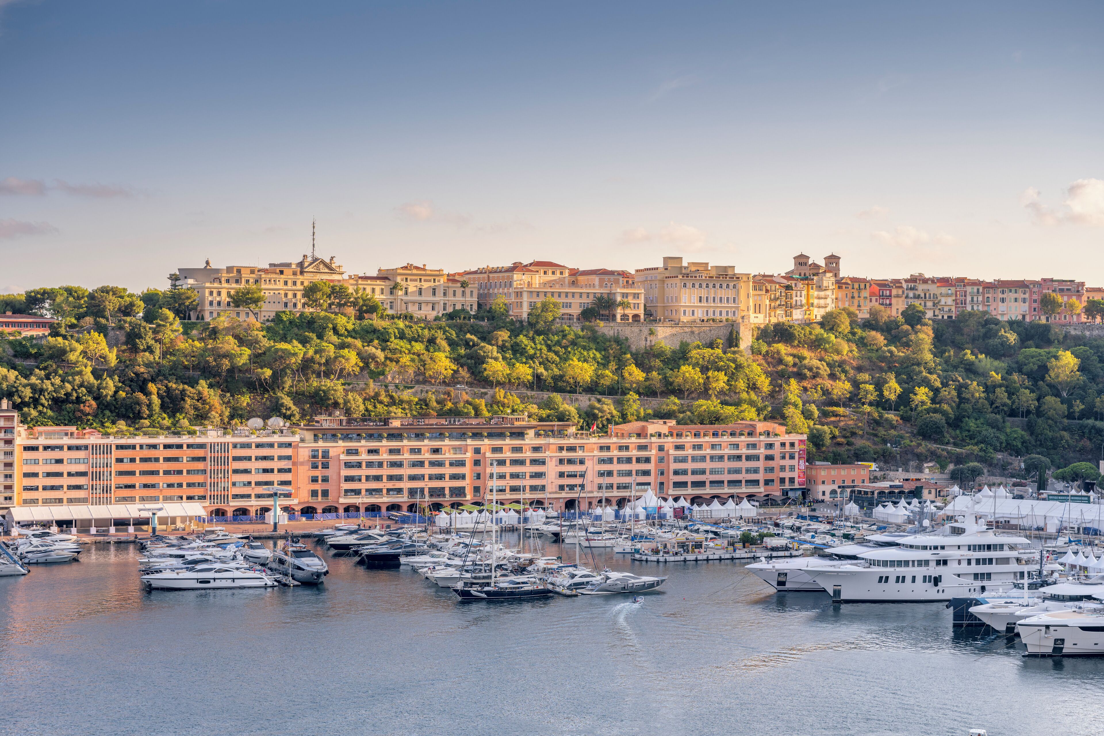 A marina with numerous yachts docked, a large hotel building with multiple floors and balconies, and a hillside with trees and buildings in the background.