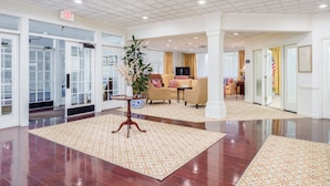 Un hall d’entrée spacieux, agrémenté d’un tapis à motifs, d’une plante en pot et d’un téléviseur.