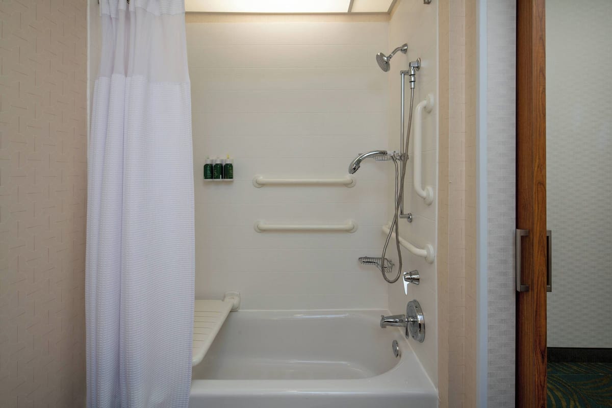 Ein Badezimmer mit einer Badewanne, einer Dusche inklusive Duschbrause und einer Haltestange.