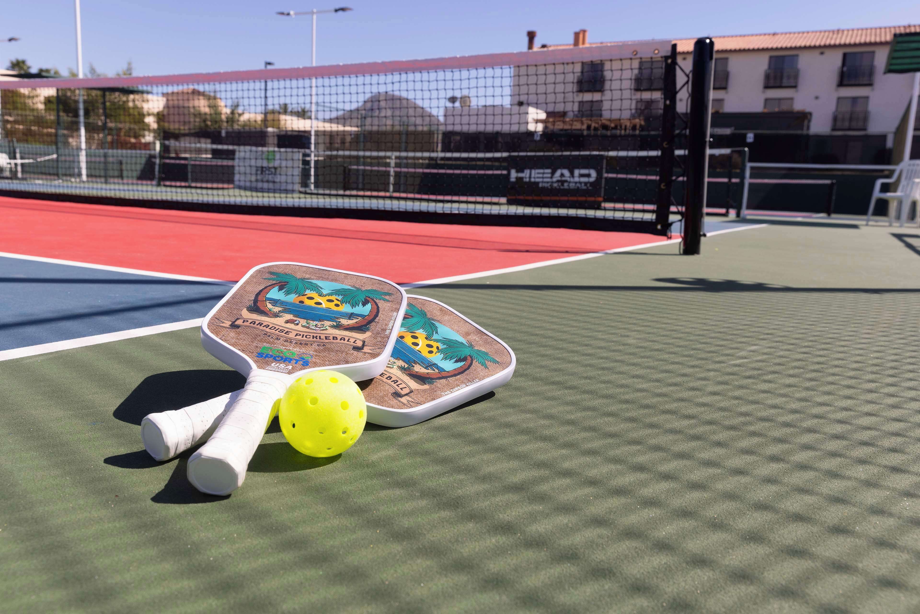 Una cancha de tenis con dos palas y una pelota.