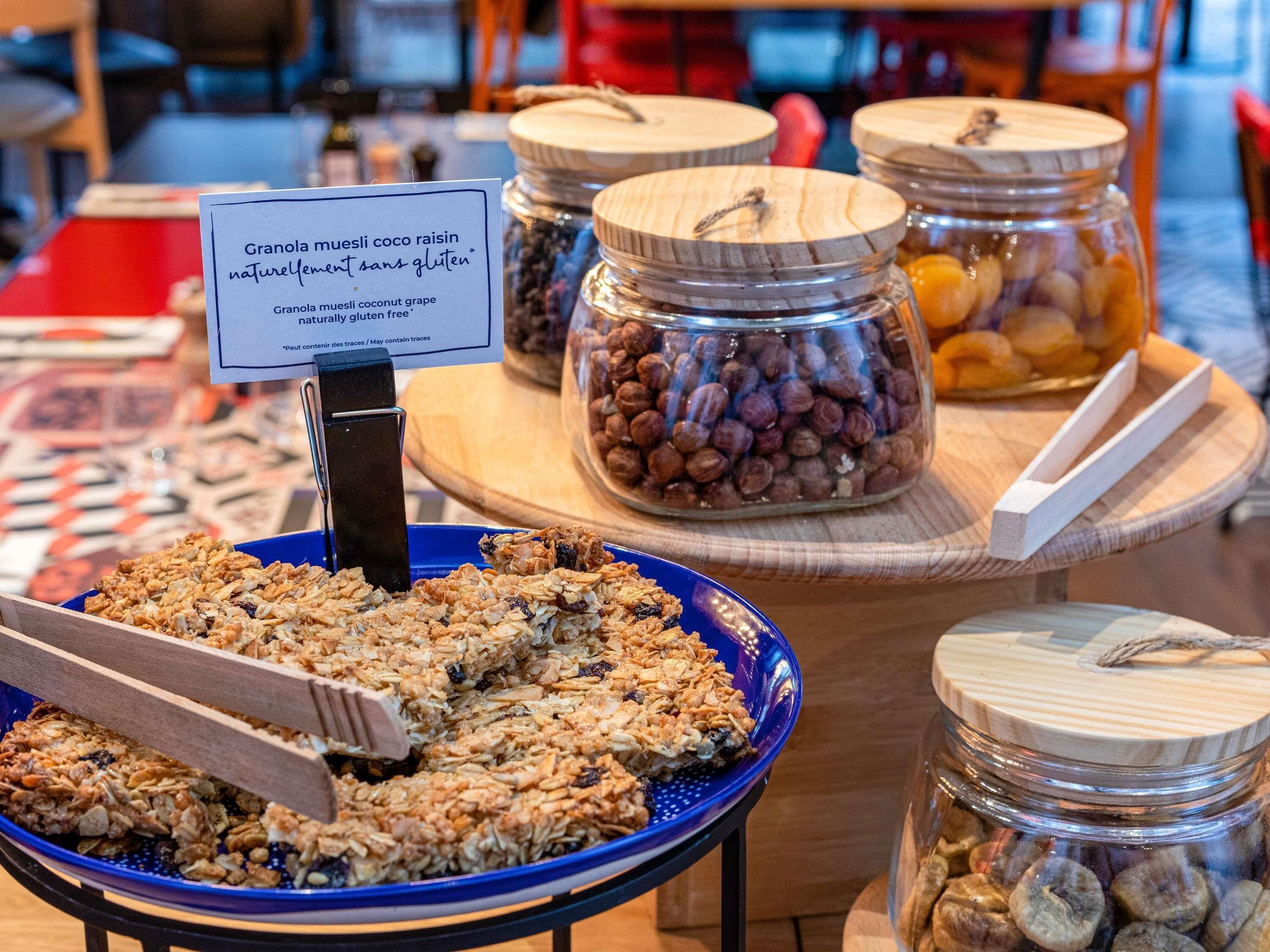 A display of granola and nuts in a store.