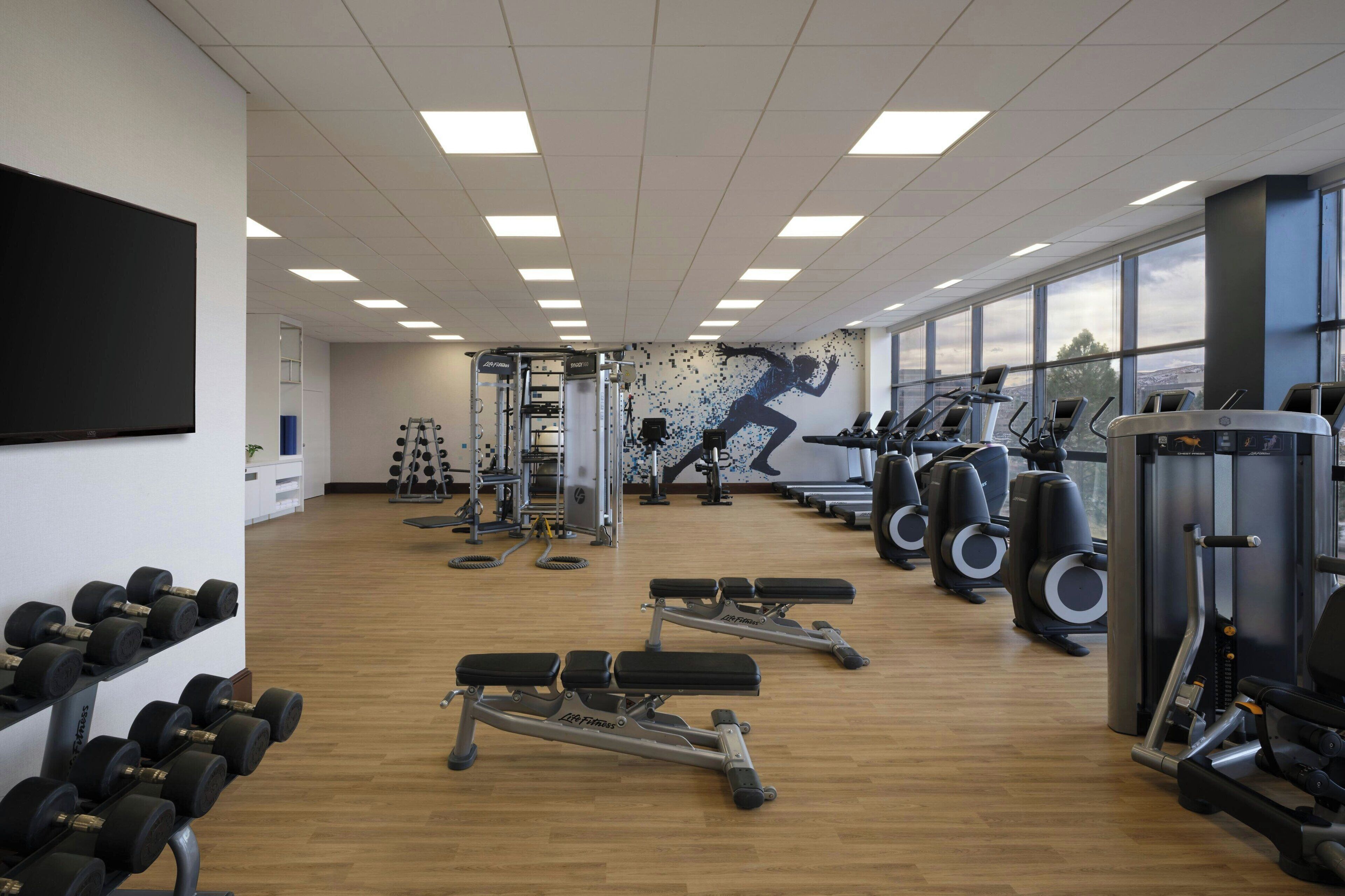 Una palestra con tapis roulant, manubri e macchinari per l'allenamento con i pesi.