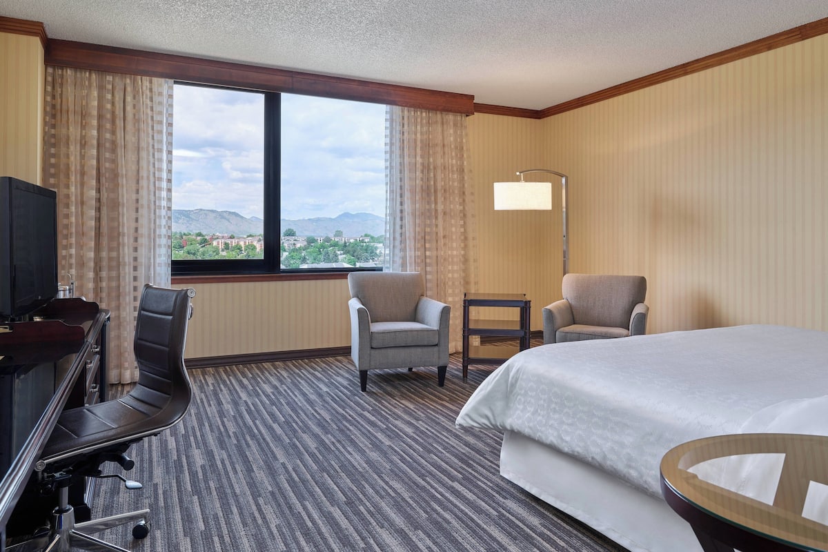 A hotel room with a large bed, two armchairs, a desk with a chair, a TV, and a view of mountains through the window.