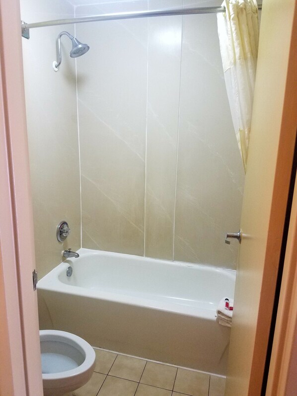 A bathroom with a bathtub, a toilet, and a shower.