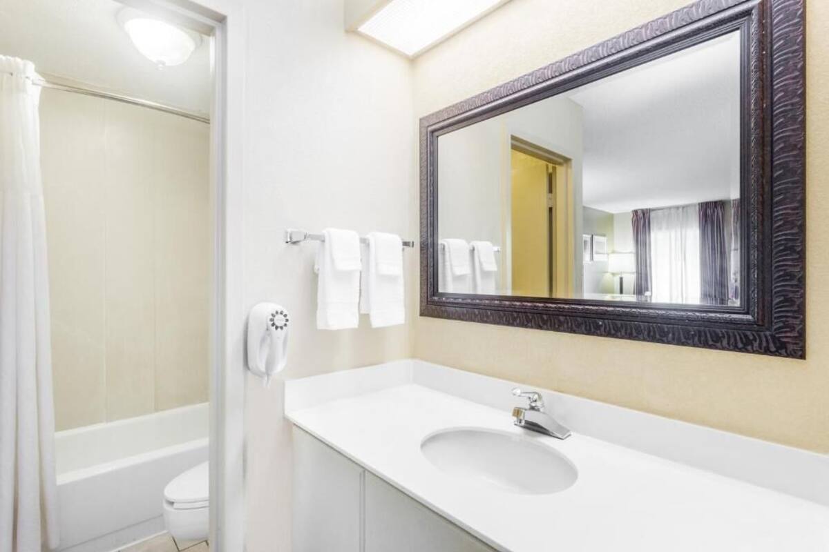 combined shower/bathtub, free toiletries, hair dryer, towels