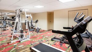 Ginásio com equipamentos de cardio, máquinas de peso e carpete estampado.