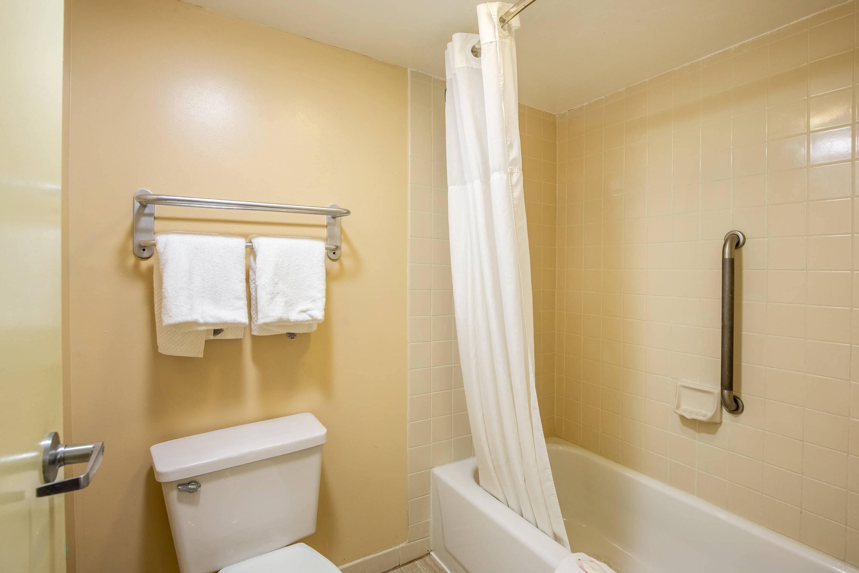 A bathroom with a toilet, a bathtub, a shower curtain, and a grab bar.