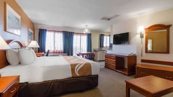 Roupas de cama premium, escrivaninha, cortinas blackout