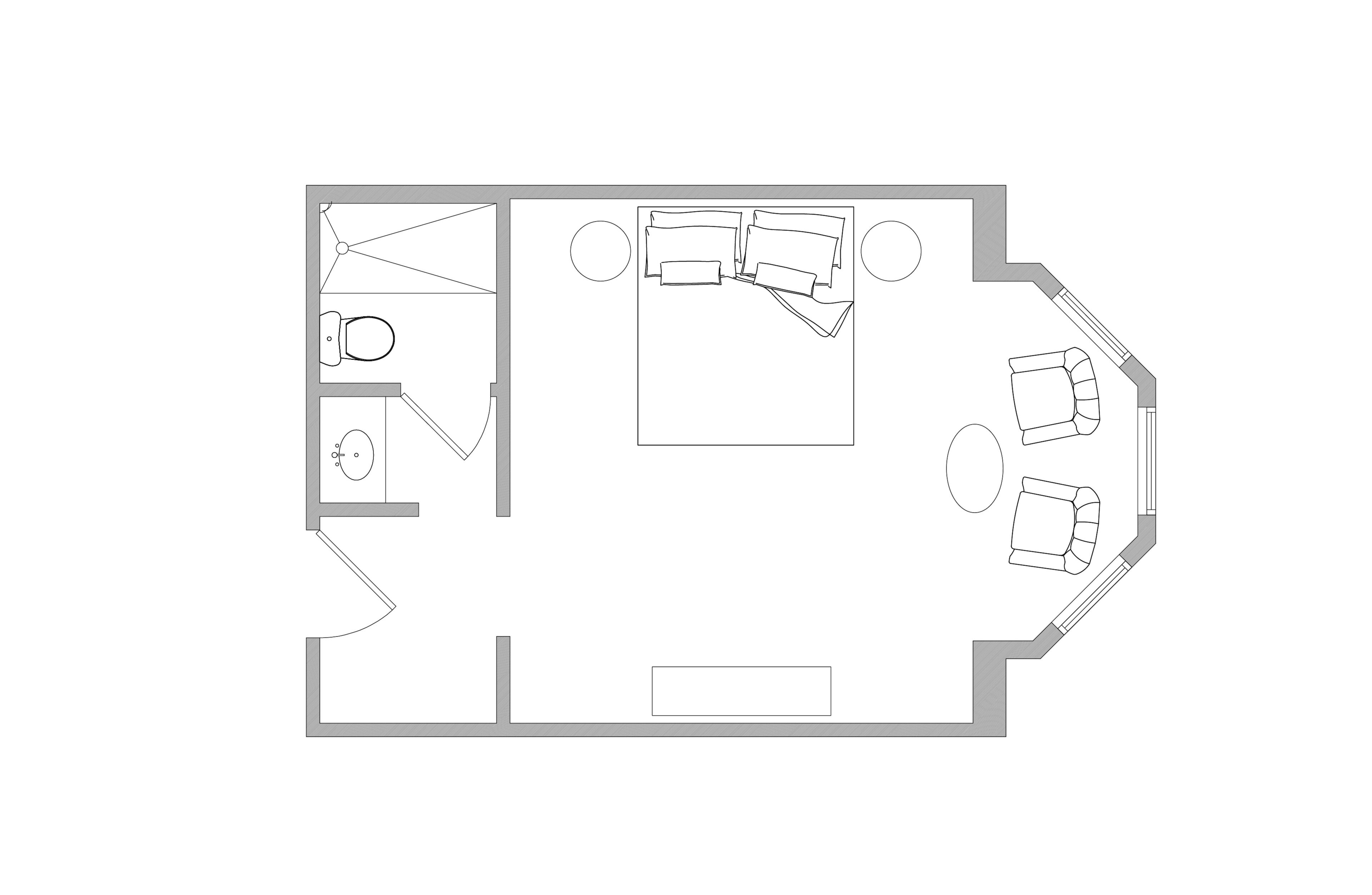 A floor plan of a hotel room with a bed, a desk, a chair, a small table, and a window.