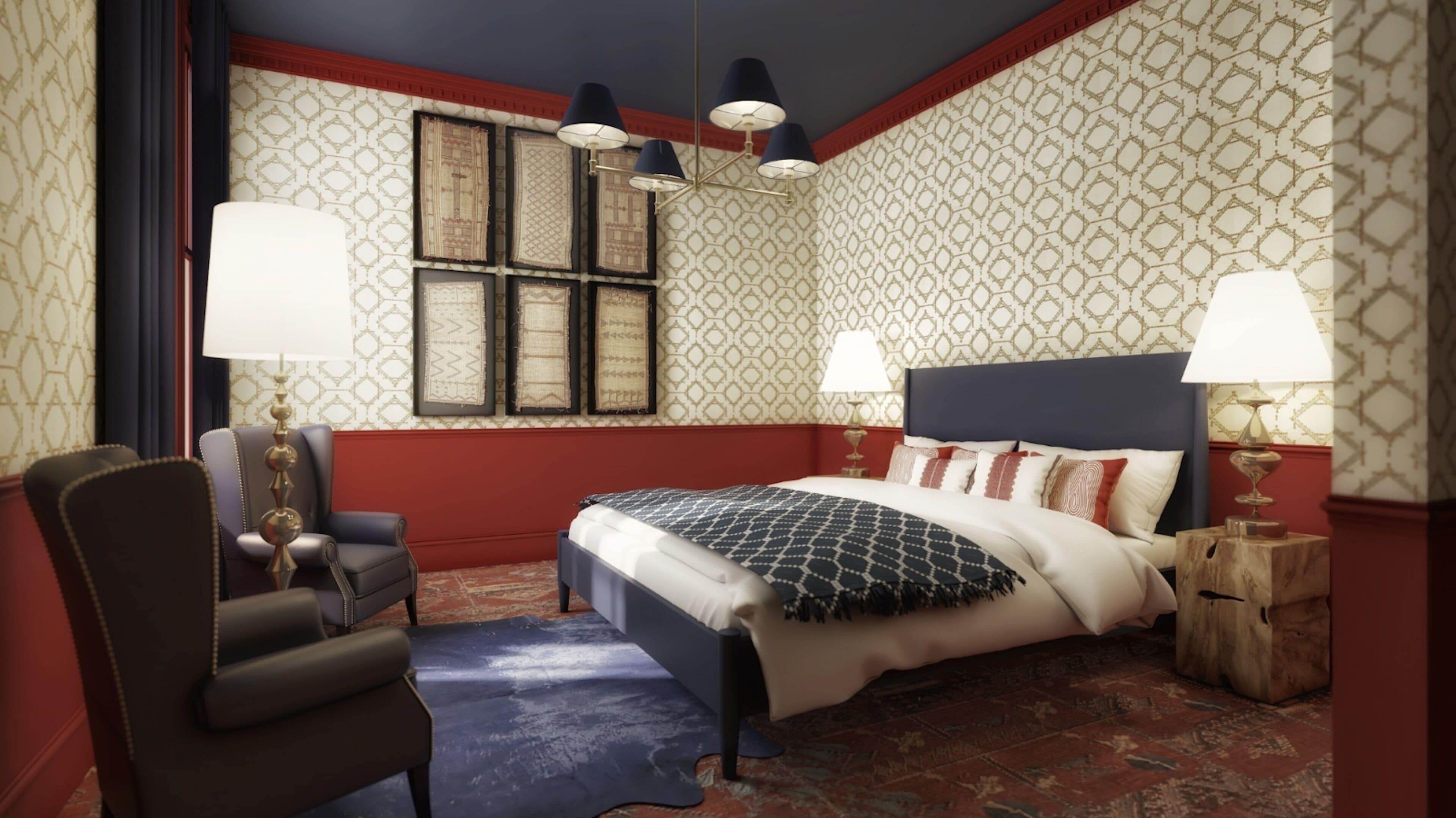 A bedroom with a large bed, two bedside lamps, a chair, and a window with patterned curtains.