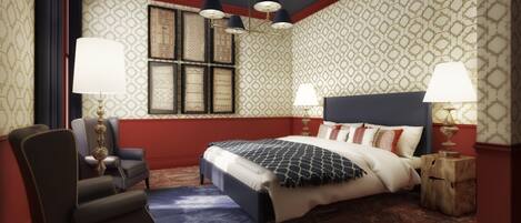 A bedroom with a large bed, two bedside lamps, a chair, and a window with patterned curtains.