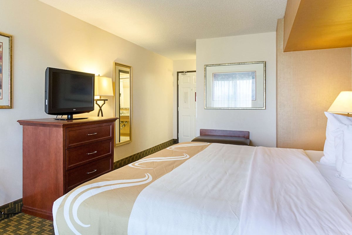Habitación de hotel con cama, televisor sobre una cómoda de madera, espejo y un cuadro en la pared.