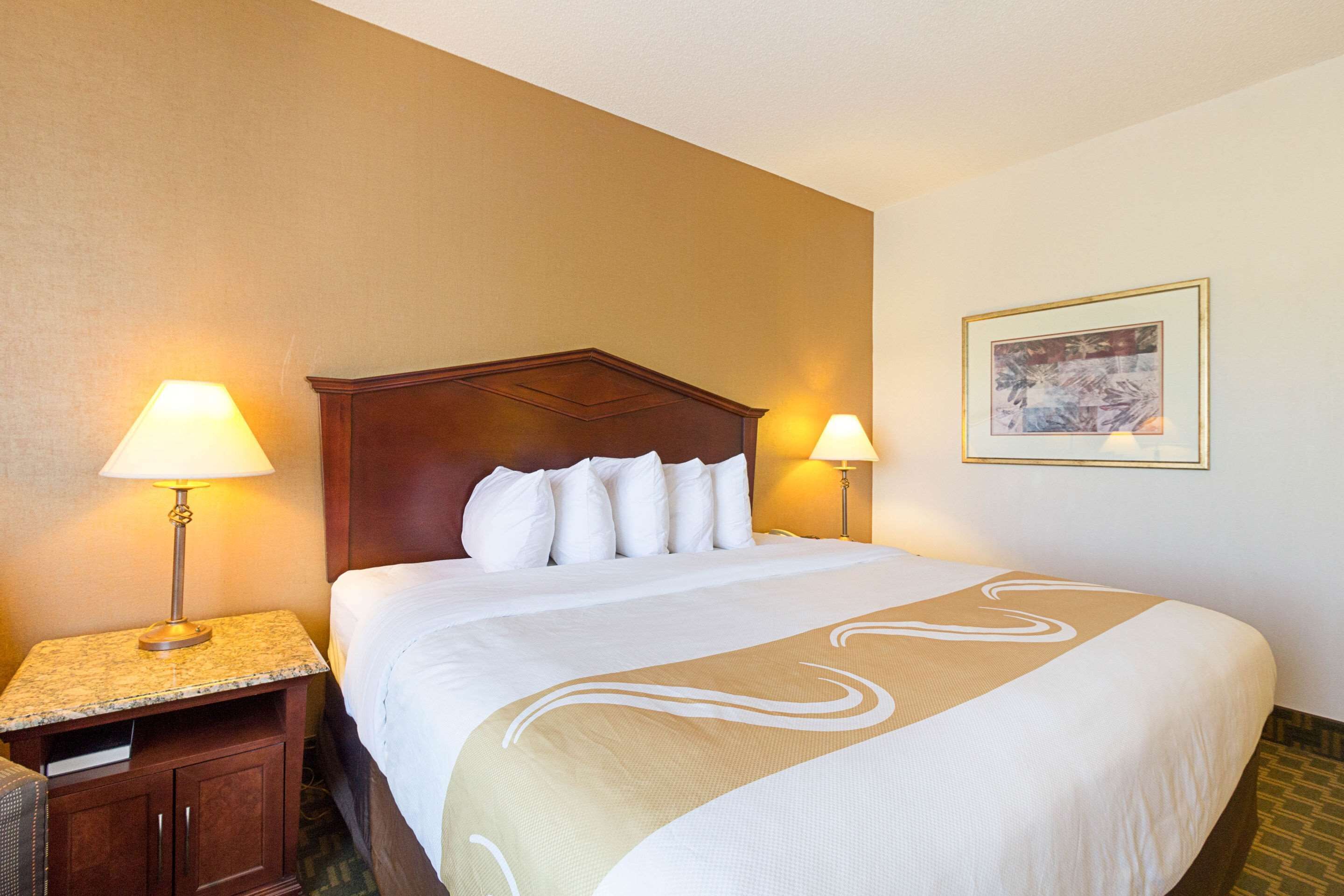 Een hotelkamer met een groot bed, twee bedlampjes, een houten hoofdbord, een ingelijst schilderij aan de muur en een klein houten kastje.