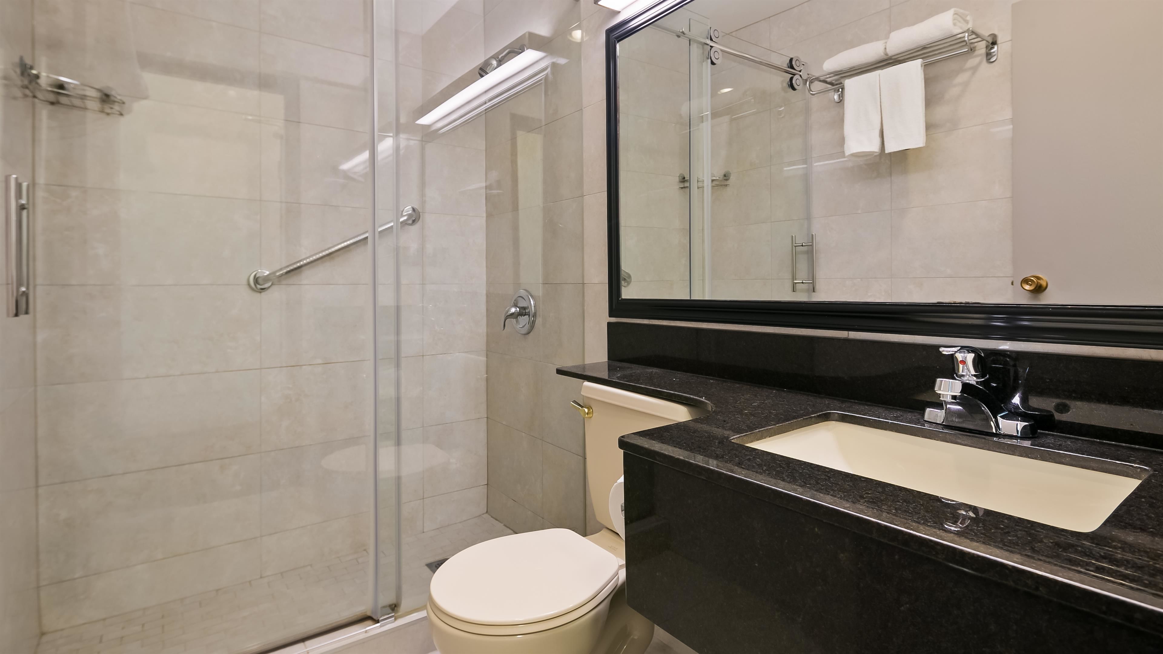 shower, free toiletries, hair dryer, towels