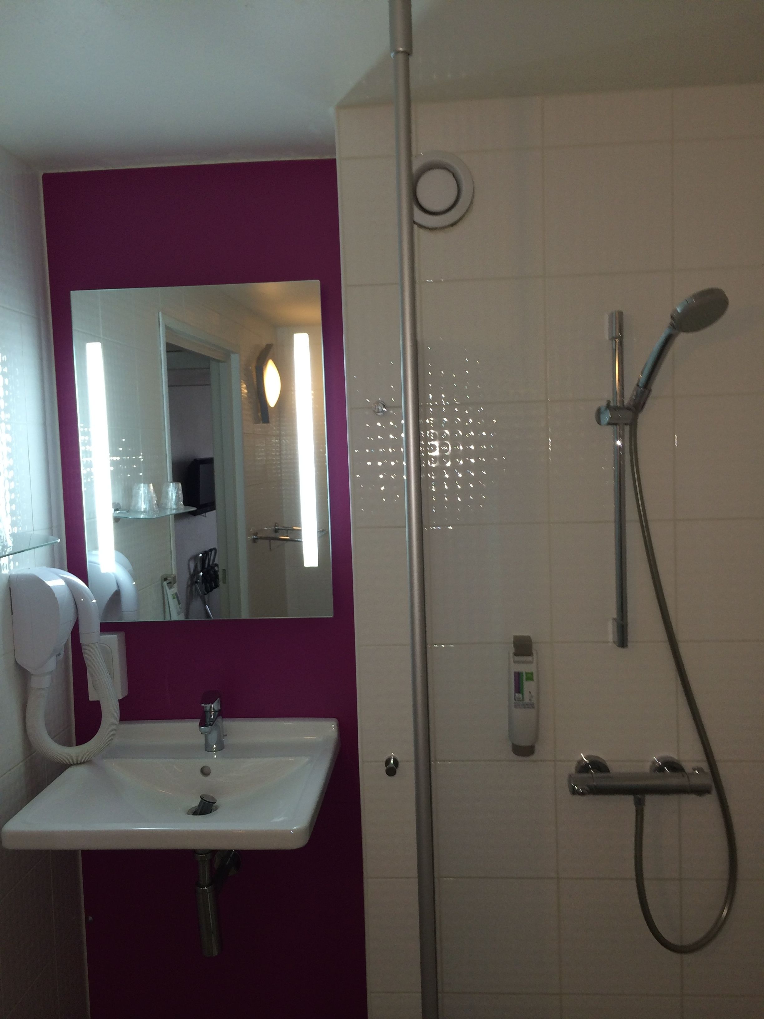A bathroom with a white sink, a mirror, a shower with a handheld showerhead, and a handheld hairdryer.