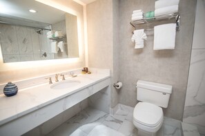 Combined shower/bathtub, free toiletries, hair dryer, towels