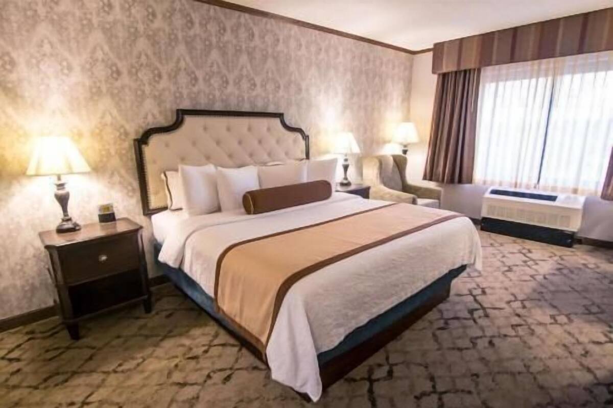 Una habitación de hotel con una cama grande, dos mesitas de noche con lámparas, un radiador y una alfombra estampada.