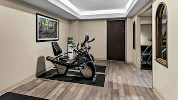 A home gym with a stationary bike, a treadmill, and a wall-mounted exercise machine.