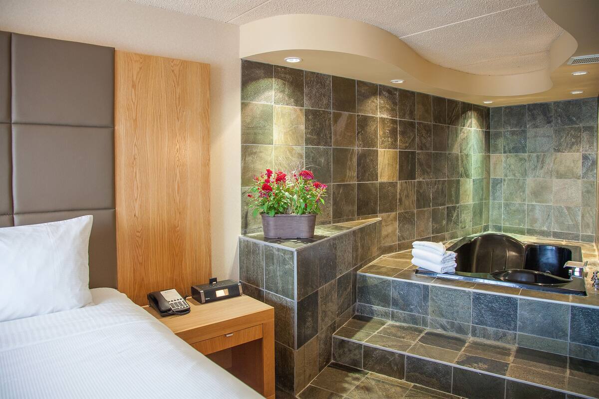 A hotel room with a bed, a wooden headboard, a nightstand with a telephone, a small table, and a bathroom with a bathtub, shower, and a potted plant.