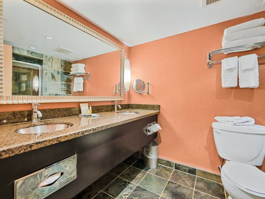 A bathroom with two sinks, a large mirror, a toilet, and a towel rack.