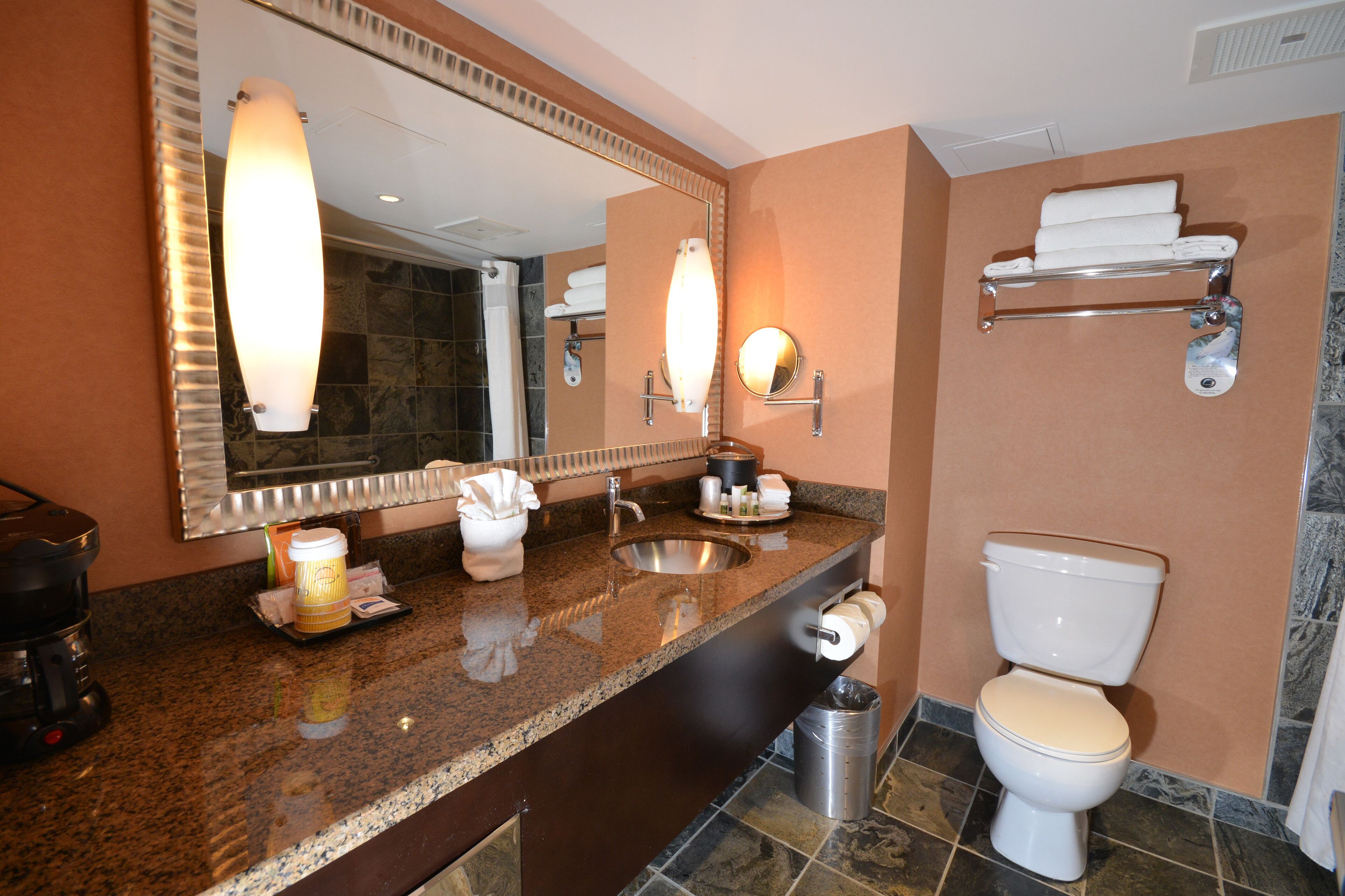 A bathroom with a granite countertop, a sink, a toilet, a mirror, and a towel rack.