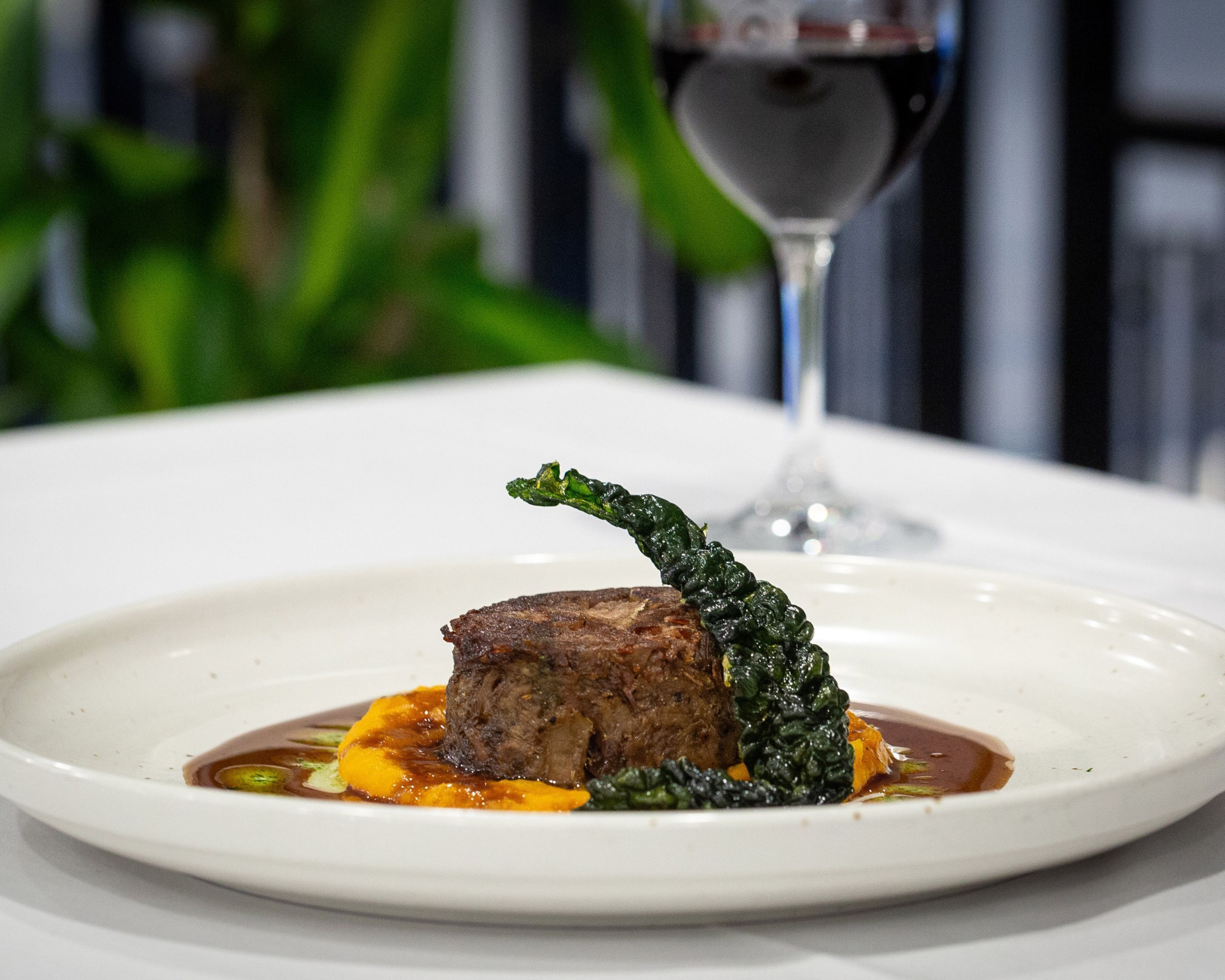 Une assiette de nourriture comprenant un morceau de viande, des légumes verts et une sauce.