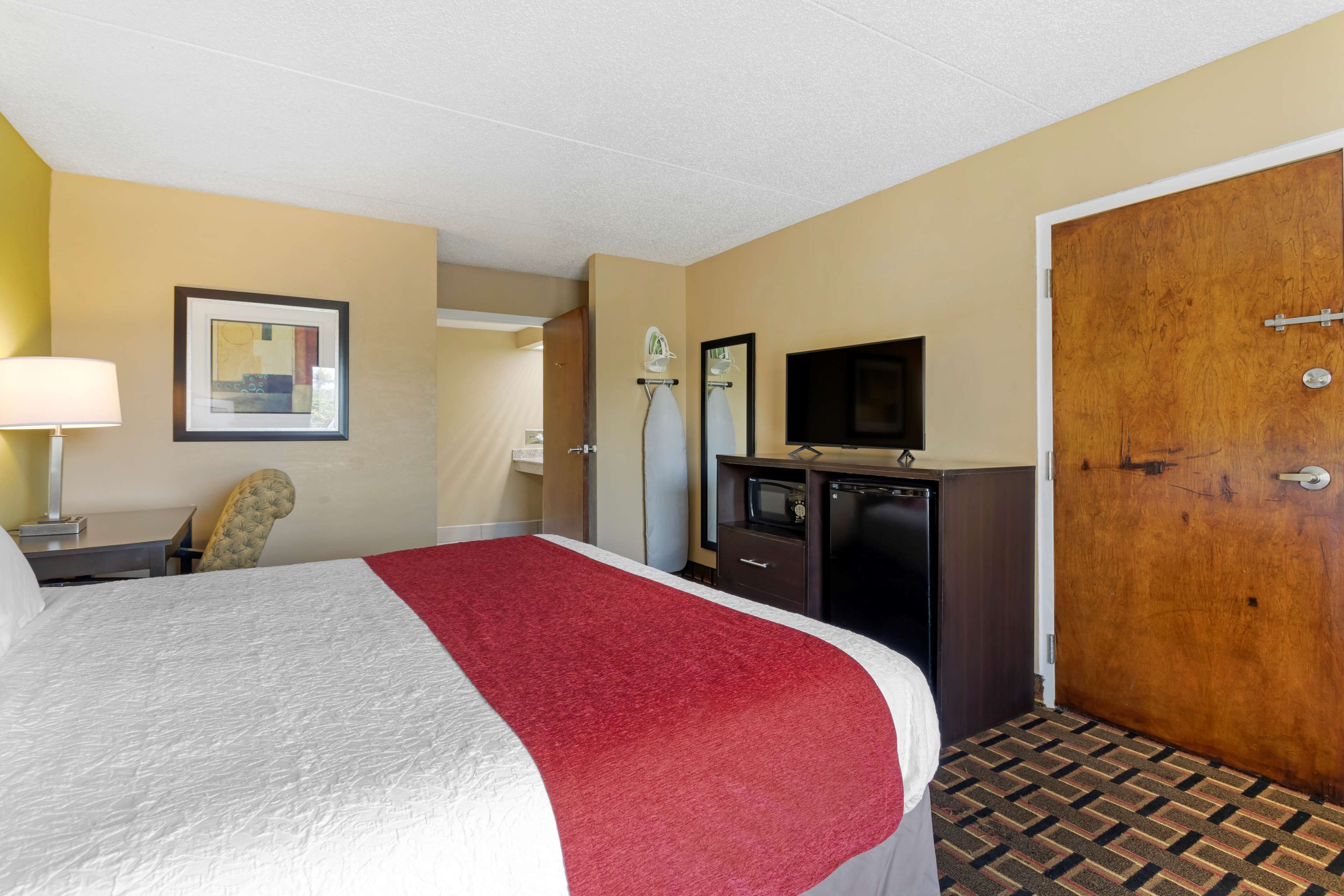 A hotel room with a bed, a desk, a chair, a television, a wardrobe, and a door.