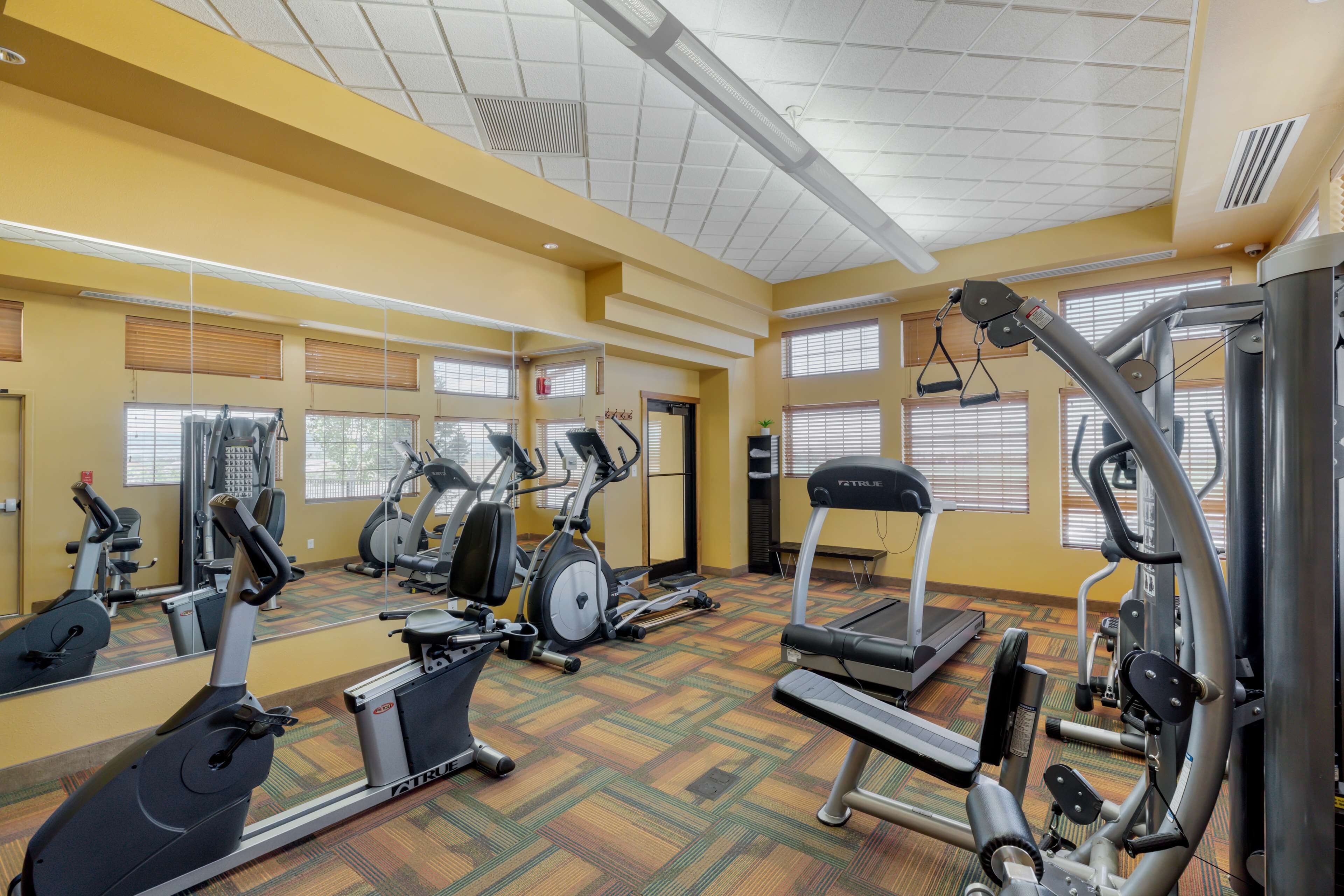 A gym with various exercise equipment, including treadmills, stationary bikes, and weight machines.
