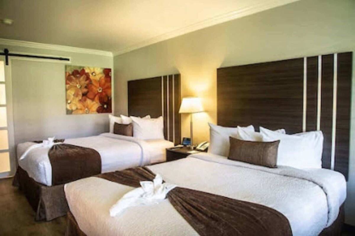 Ein Hotelzimmer mit zwei Betten, einem Nachttisch mit Lampe und einem Bild an der Wand.