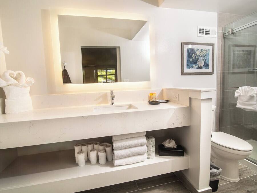 Une salle de bain moderne avec un grand miroir, un lavabo, des toilettes et une douche.