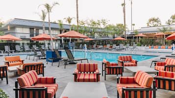Relax by the pool surrounded by comfortable seating and lush palm trees.