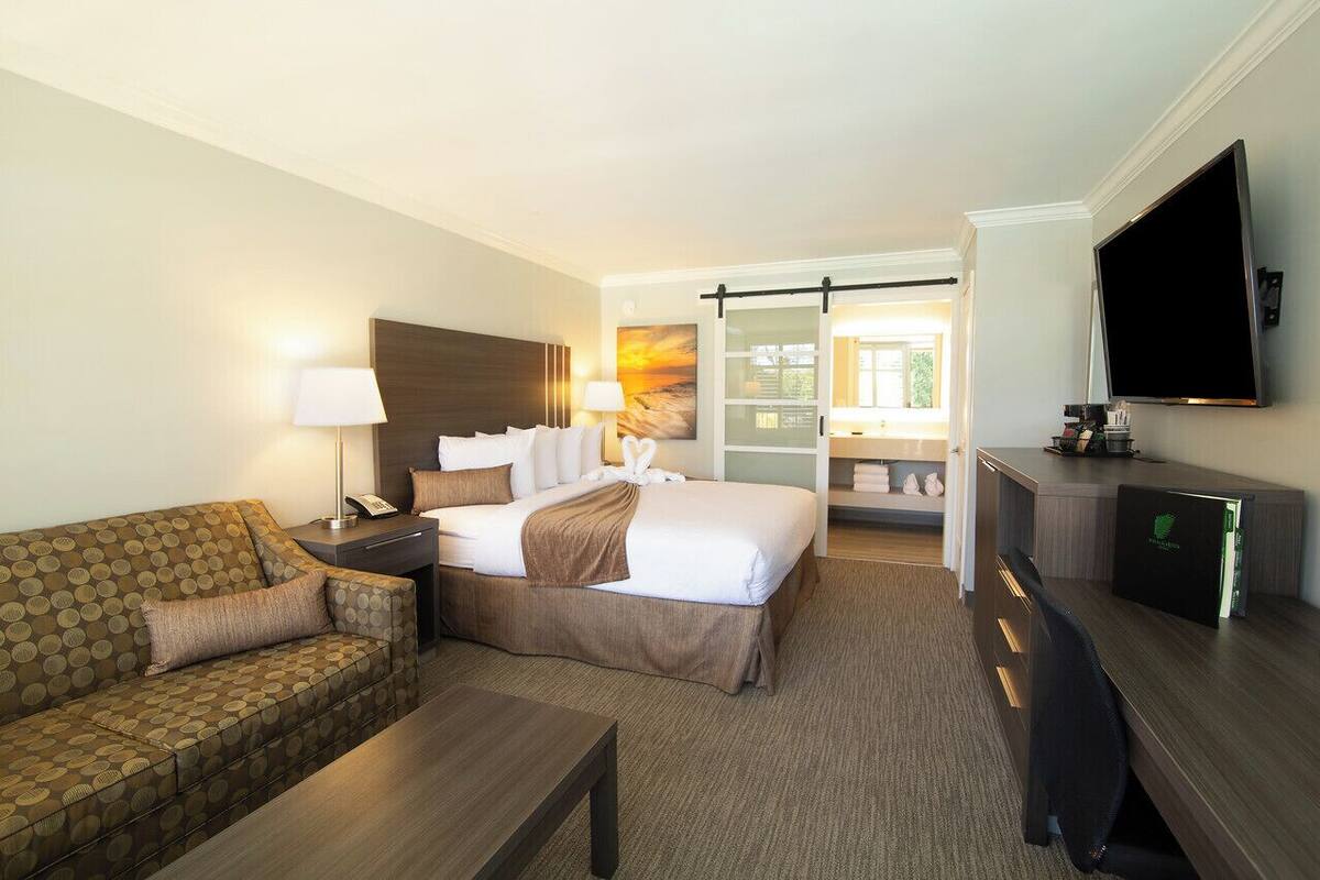 A hotel room with a bed, a sofa, a desk, a TV, and a sliding door leading to a balcony.