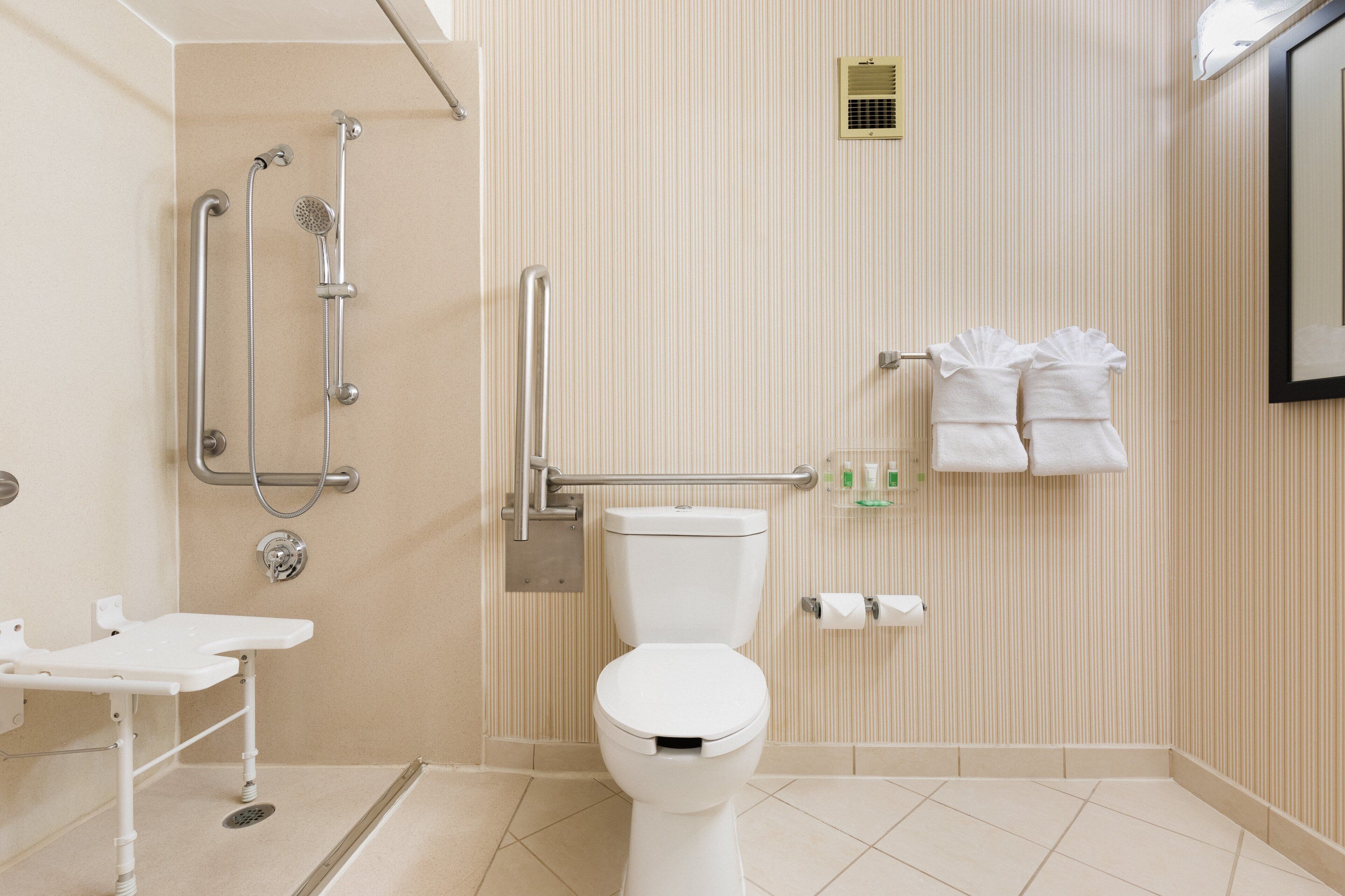 Bagno con un WC bianco, una doccia con maniglie di sostegno, un lavandino e due asciugamani su un portasci.